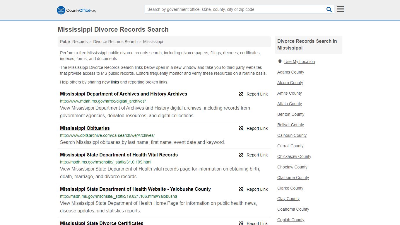 Mississippi Divorce Records Search - County Office