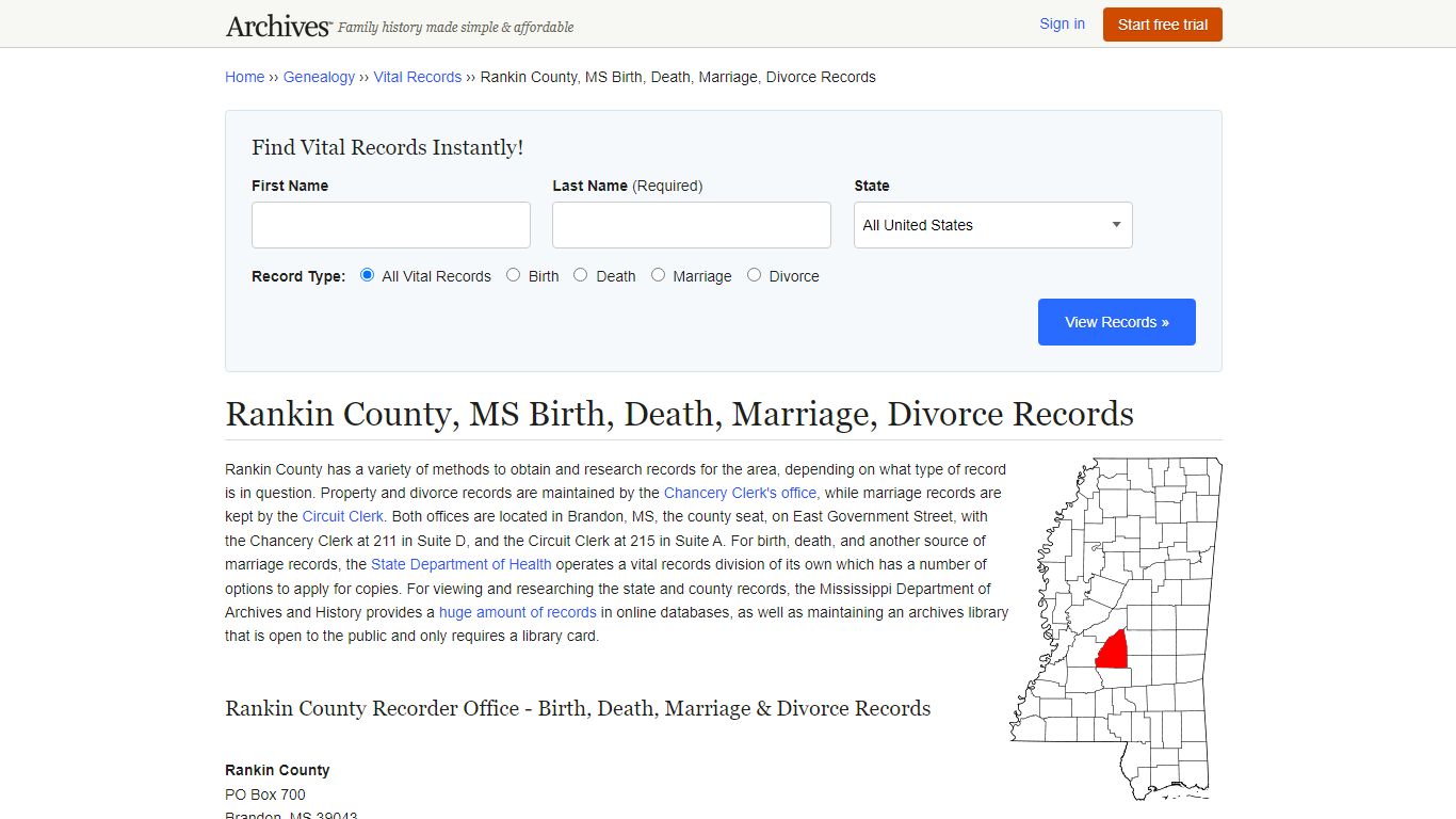 Rankin County, MS Birth, Death, Marriage, Divorce Records - Archives.com